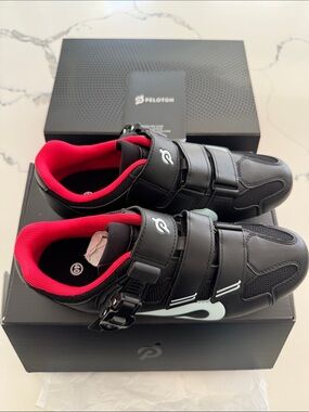 Peloton Women’s Black Cycling Shoes with Red Lining and White Accents